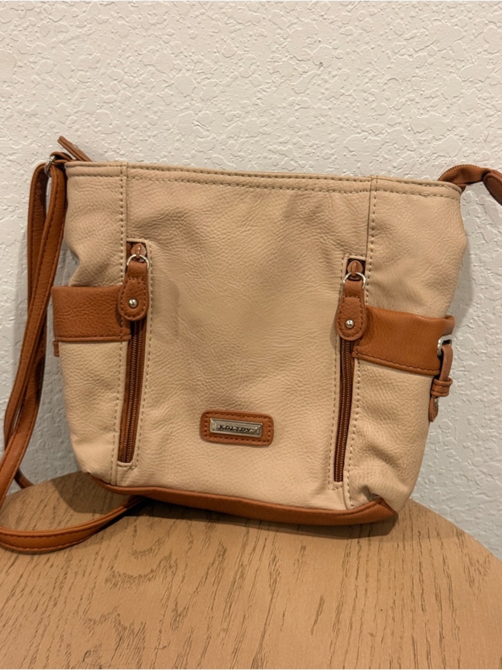 Neutral‎ Beige and Tan Crossbody Bag with Dual Zip Pockets
